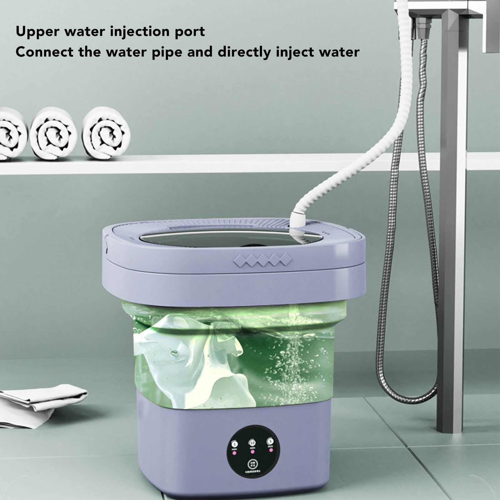 6.5L Washing Machine Folding Portable Automatic Deep Cleaning Wash and Spin Dry Washer with Water Tube 100‑240V for Camping, RV, Travel, Small Spaces, Lightweight[A]