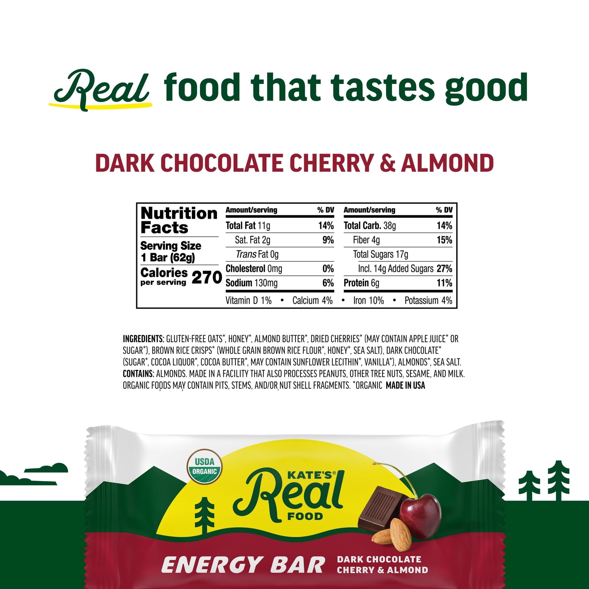 Kate’s Real Food Organic Granola Dark Chocolate Cherry & Almond All Natural Energy Bars - Non GMO, Soy Free, Whole Grain, and Made with Gluten Free Oats - 12 count