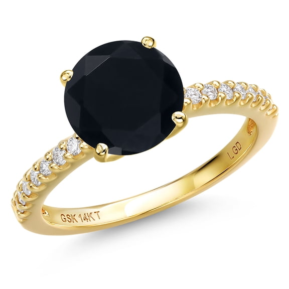 Gem Stone King 14K Yellow Gold Black Onyx and Lab Grown Diamond Engagement Ring for Women | 3.16 Cttw | Round 10MM | Gemstone December Birthstone | Size 7
