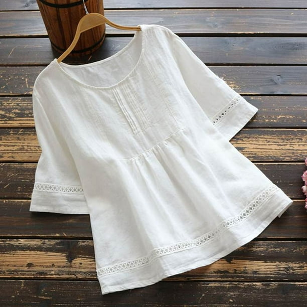 Blusa informal de lino y algodón para mujer de UMfun, cuello redondo, manga corta, lisa, holgada, color blanco (S-2XL)