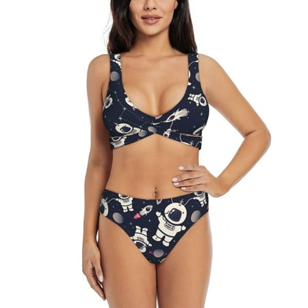 Zeuib Cartoon Spaceship High Waisted Tummy Control Bikini Set - Knot Front Push Up Top & Cheeky Thong Bottom  Two-Piece Swimsuit for Women-XX-Large