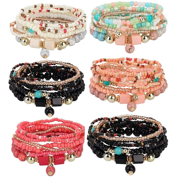 Xiao Hua Pulsera de cuentas apilables de estilo bohemio de 6 piezas, conjunto de pulsera elástica multicapa para mujer, joyería multicolor