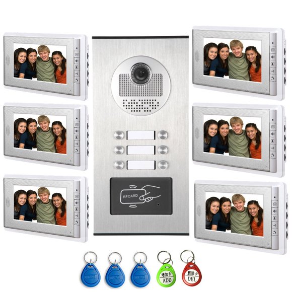 AMOCAM Video Intercom Entry System, Wired 7" LCD Monitor Video Door Phone Kits for 6 Units Apartment, Support Monitoring, Unlock, Dual Way Door Intercom, ID Keyfob Unlock,New