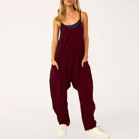MITCOWBOY Body Suit  Women s Casual Jumpsuit Spaghetti Straps Wide Leg Romper V Neck Spaghetti Straps Romper Sleeveless Long Jumpsuit  Long Sleeve Bodysuit  Overalls Women  Wine Xl