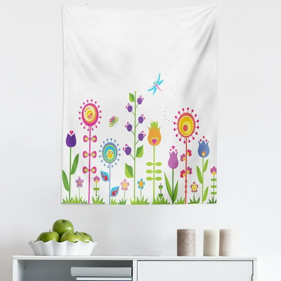 Cartoon Tapestry, Floral Set Different Type of Flowers on Grass Hope Seasonal Illustration Art, Fabric Wall Hanging Decor for Bedroom Living Room Dorm, 5 Sizes, Multicolor, by Ambesonne