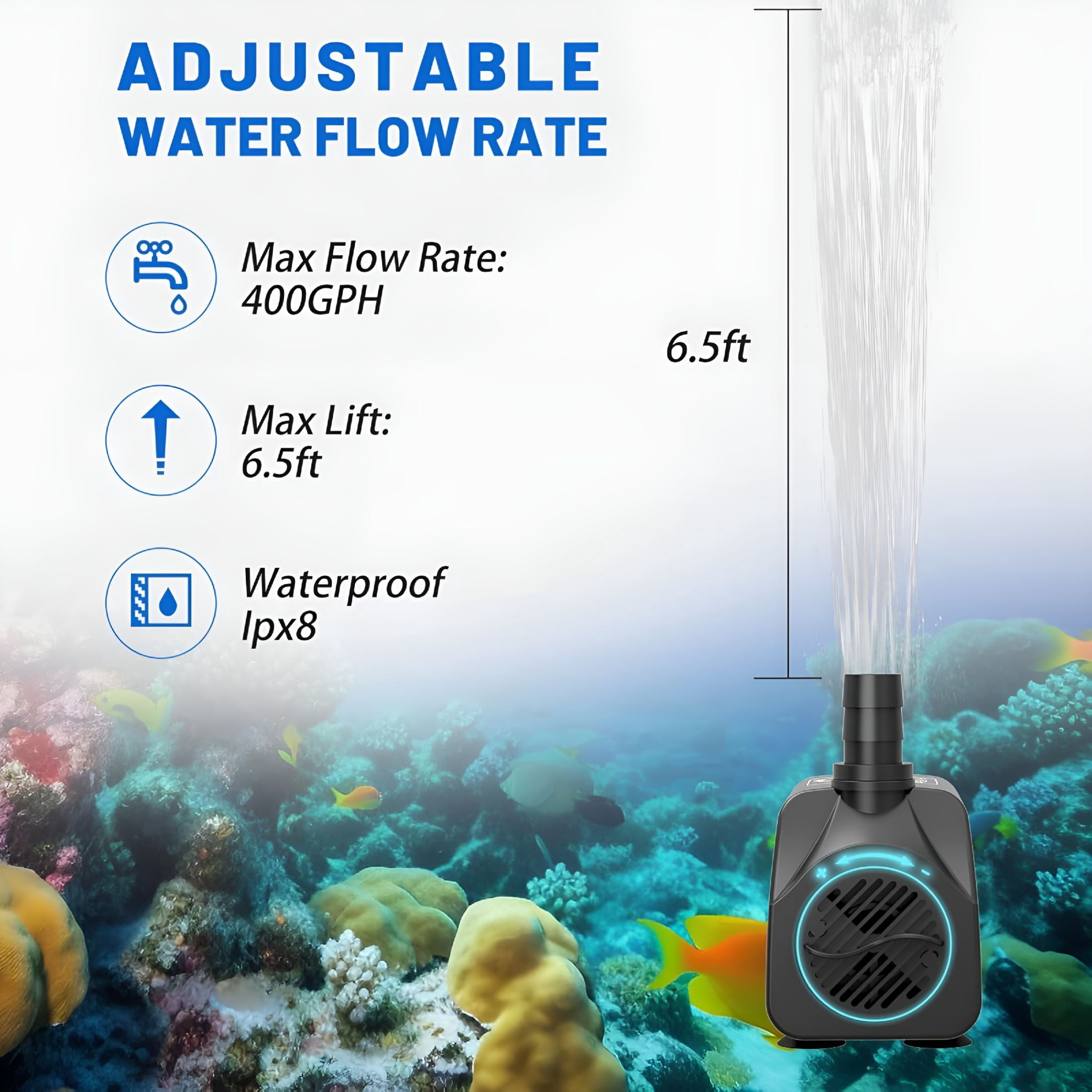 HIBIBUD 400GPH Submersible Water Pump (1500L/H, 25W), Ultra Quiet Fountain Pump with 6.5ft High Lift, Pond Pump for Fish Tank, Pond, Aquarium, Statuary, Hydroponics