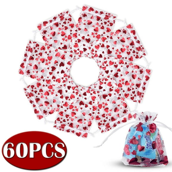 Candy Gift Bags for Valentines Day Mesh Sheer Drawstring Bags Heart Gift Bags for Valentines Day Wedding Festival Party Supply 60Pcs