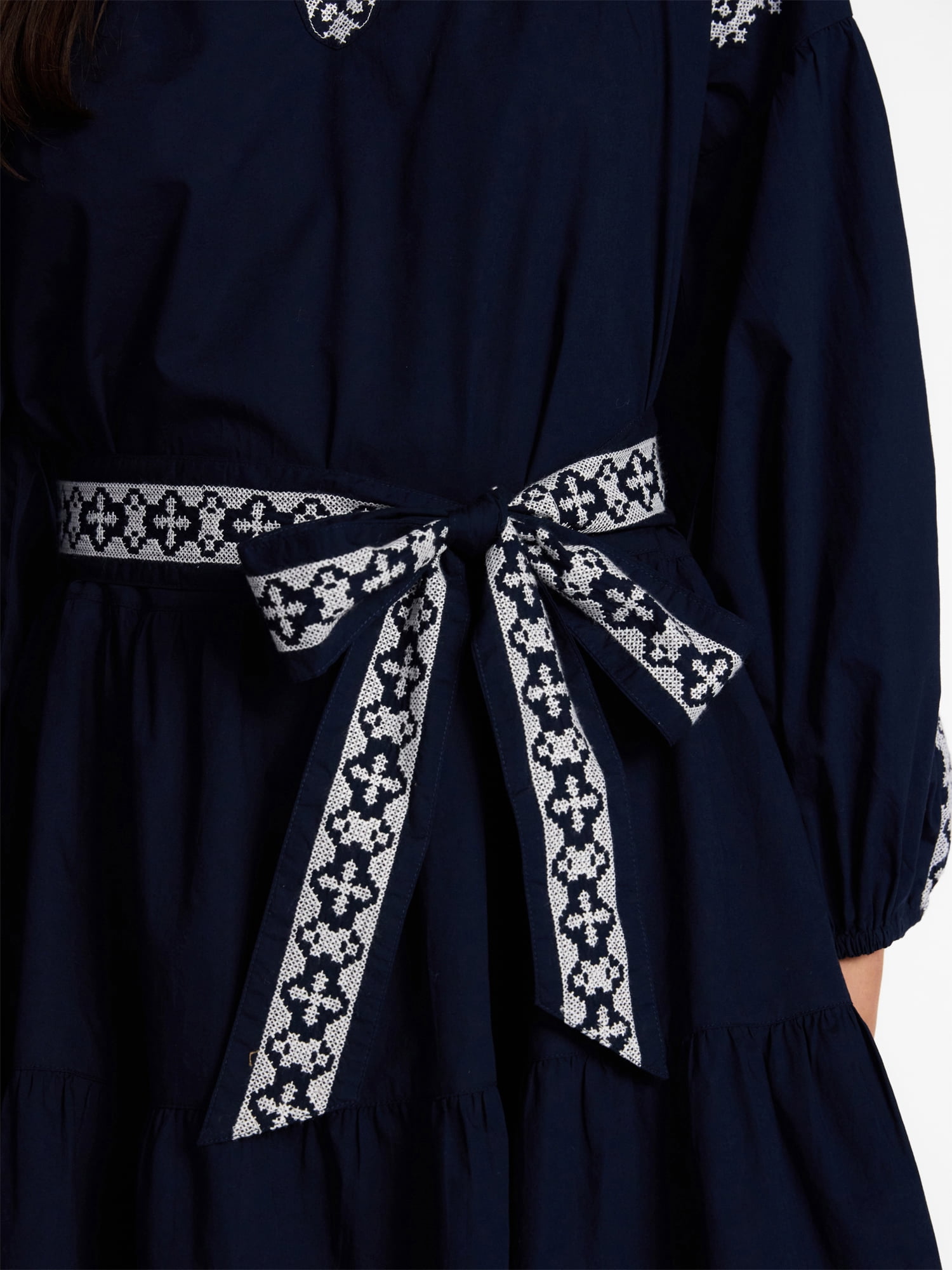 Time and Tru Women's Embroidered Cotton Mini Dress with Long Blouson Sleeves, Sizes XS-XXXL