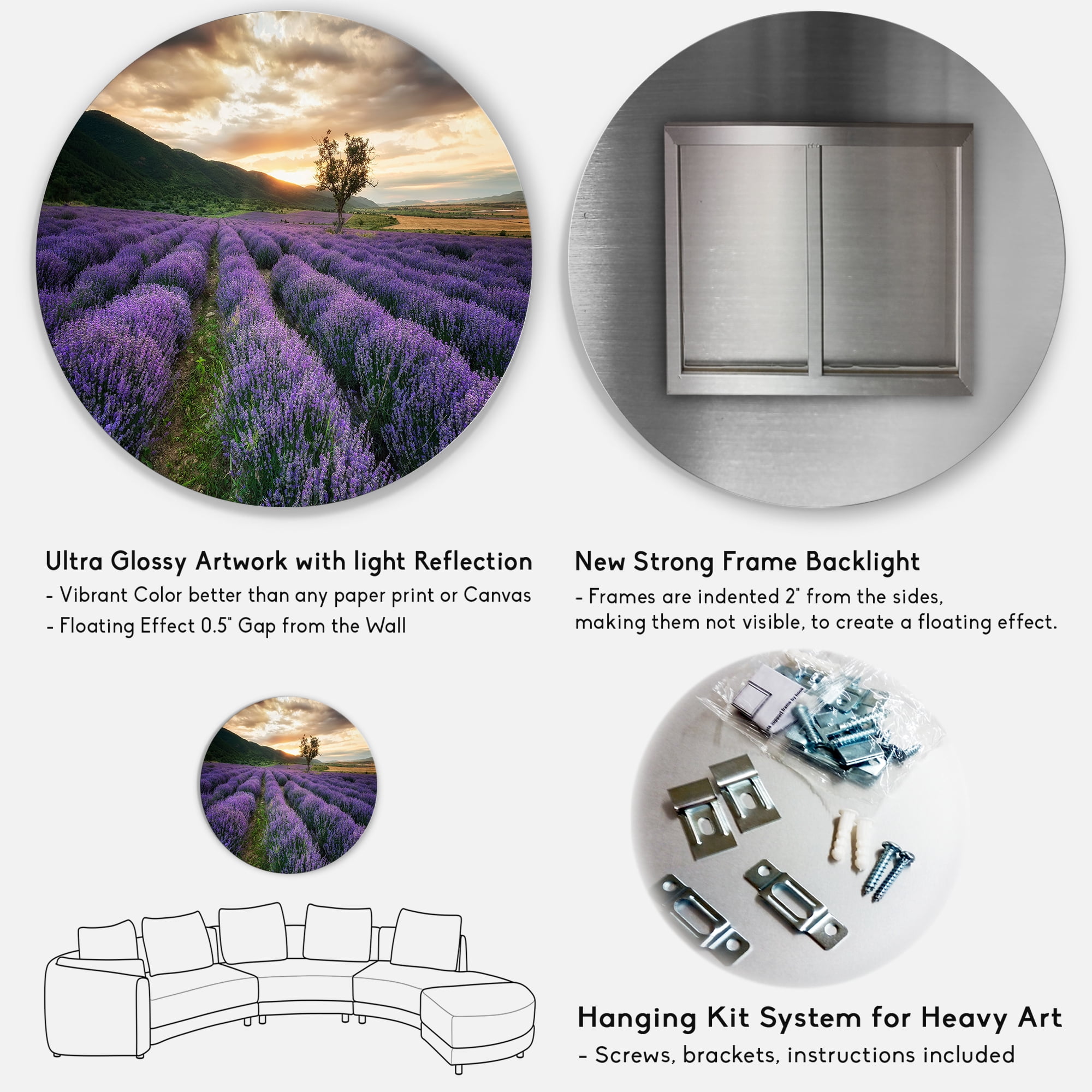 Designart 'Dramatic Clouds and Sunrise Over Lavender Field VII' Farmhouse Circle Metal Wall Art 11x11 - Disc of 11