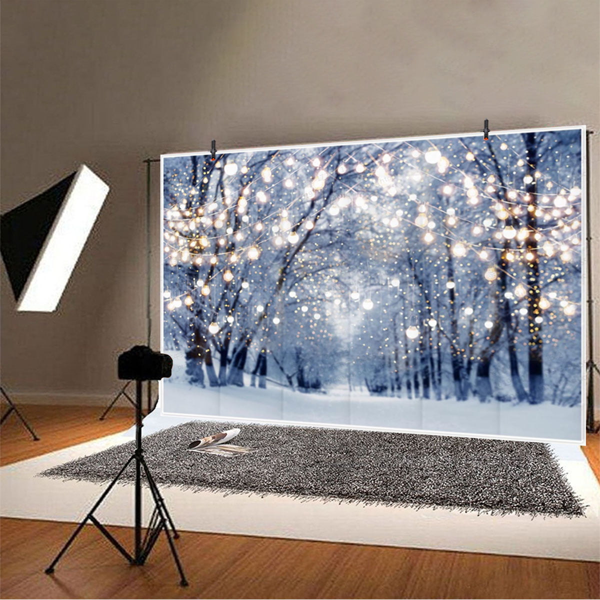 Winter Christmas Scenery Snow Snowflake Tree Fence Star Light Wood Portrait Backdrop Photo Background Custom Studio-250x180CM 