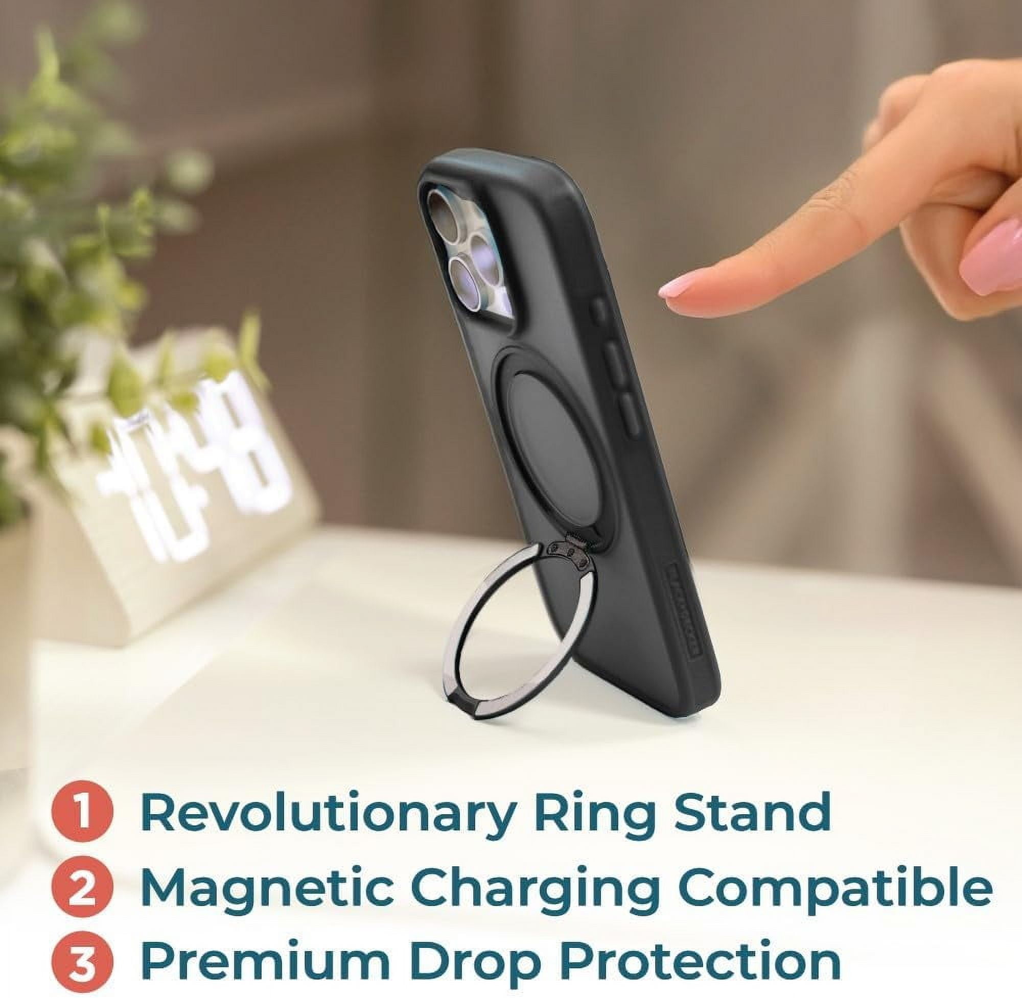 BLACK+DECKER 360°Spin Magnetic Stand for iPhone 16 Pro Case, Compatible with MagSafe Protective Stylish for iPhone16 Pro Case for Women, Ostand Kickstand Rotatable, Lanyard, Extra Buttons, Black