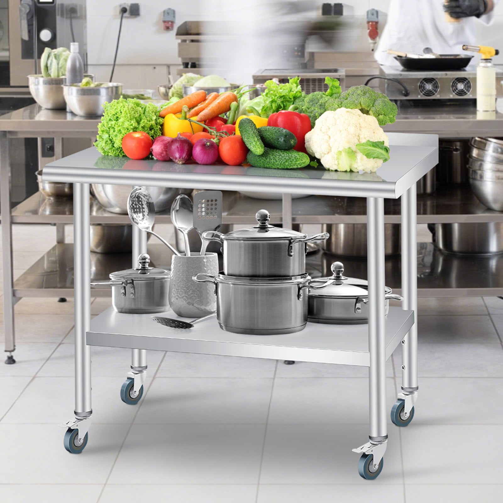Stainless Steel Prep Table with Backsplash & Adjustable Shelf – 4-Caster Rolling Workbench for Commercial Kitchen, Restaurant, Hotel and Workshop Use - 48x24 Inch