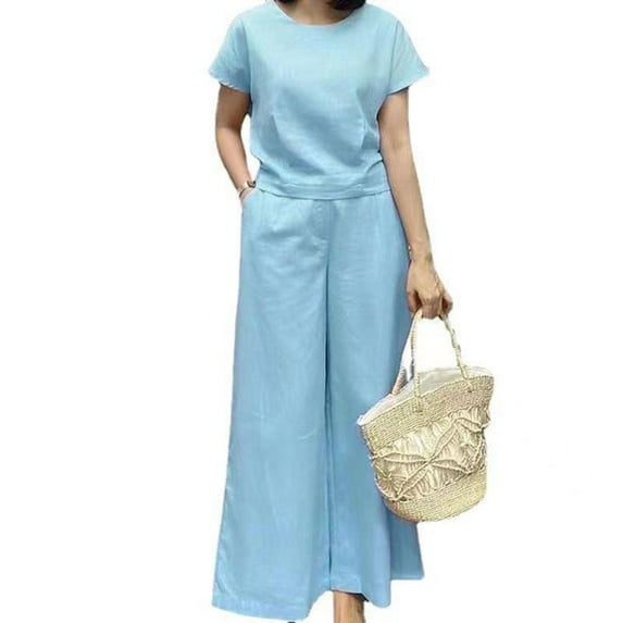 Jerdar Women Summer 2 Piece Casual Solid Short Sleeve Top Round Neck Widened Leg Pants Long Pants Leisure Set Sky Blue L