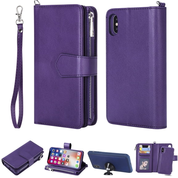 iPhone XS Wallet Case, iPhone X Stand Cover, Allytech Premium PU Leather Wallet Purse Zipper Pocket With 6 Card Slots, Detachable Magnetic Back Case for Apple iPhone XS/ iPhone X, Purple