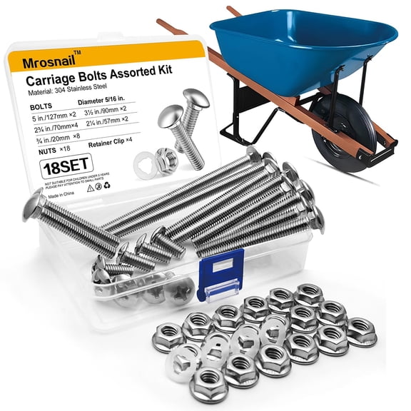 Wheelbarrow Carriage Bolts and Nuts Kit,Stainless Steel Carriage Bolts 5/16-18 5”,3-1/2”,2-3/4”,2-1/4”,3/4”,Flange Hex Nuts,Nylon Retainer Clips,Wheelbarrow Handles Replacement Parts,18Sets
