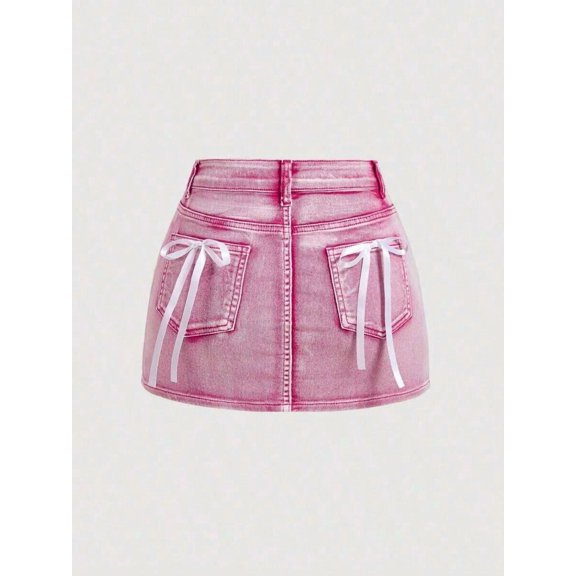 Pink Bow-Adorned Denim Mini Skirt With White Ribbon Pocket Details