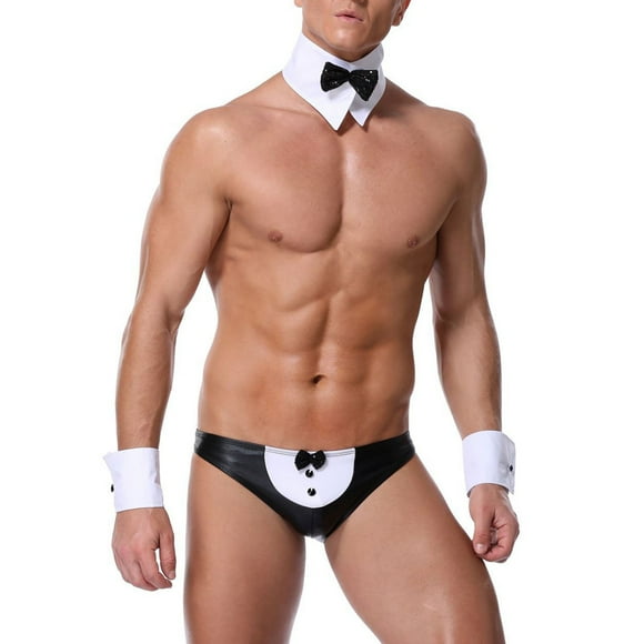 nsendm Mens Pajamas Adult Male Pajamas Mens Thong Men Sexy Underwear Bow Tie Briefs Mens Low-Rise Lingerie PremiumComfort Stretch Jockstrap Exotic Wear(Black,One Size)