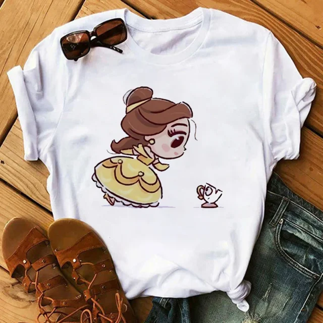 Camiseta con estampado con dibujo de princesa de Disney para mujer, pantalón corto informal a la moda, camisetas de manga, camisetas con estampado gráfico de dibujos animados de los años 90