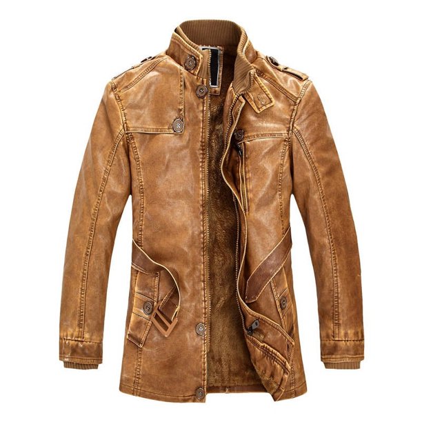 Chaqueta de cuero de PU con cuello alto largo de estilo europeo y americano, chaqueta de cuero de motocicleta lavada personalizada para hombre, más chaqueta de terciopelo