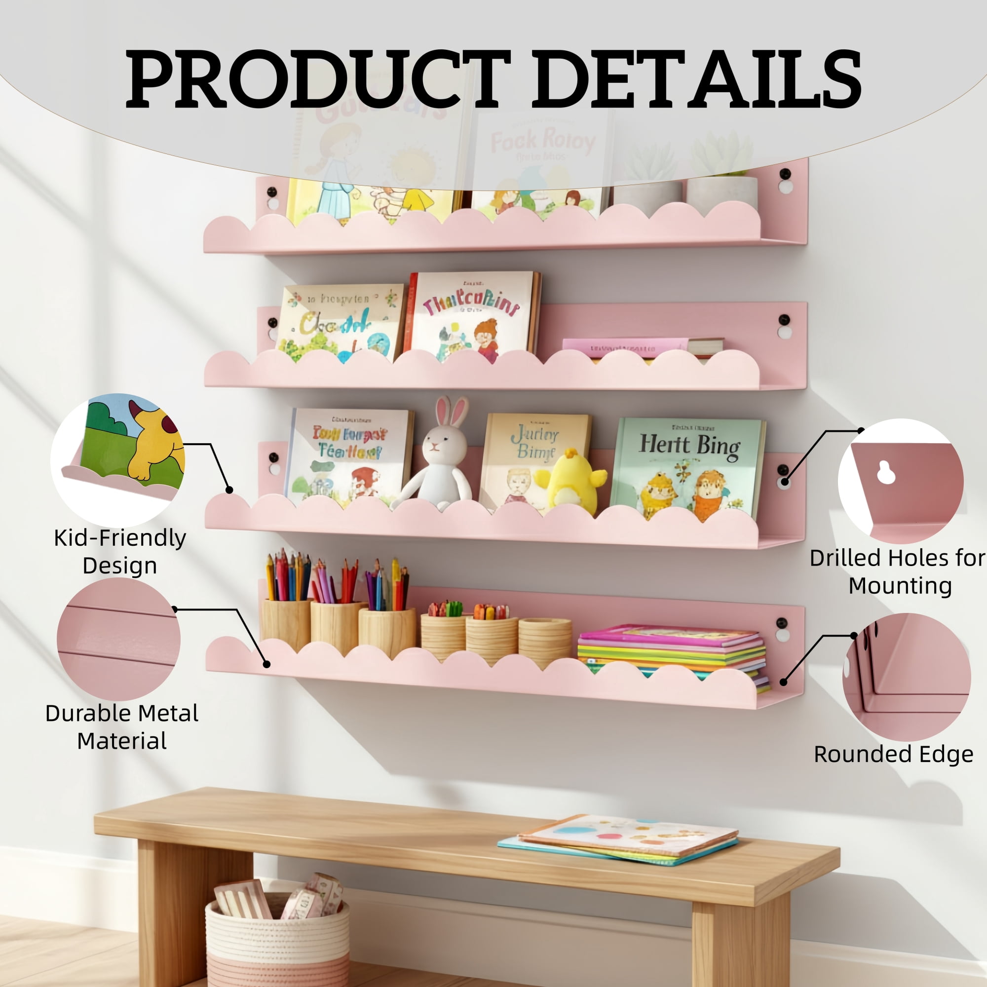 6-Piece Pink Metal Floating Shelves, 16" Cute Wall Bookshelf & Toy Display for Girls Room, Nursery