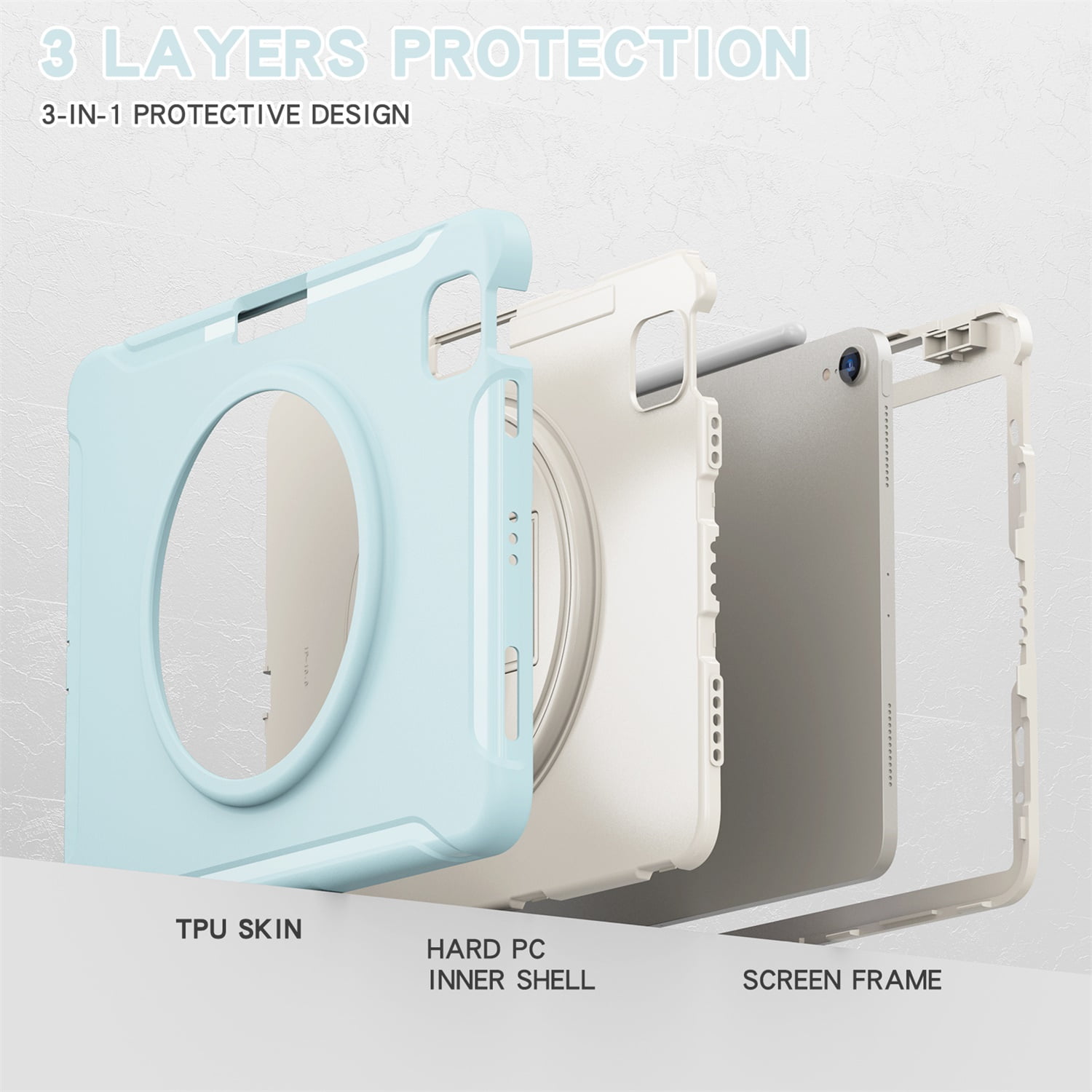SaniMore for Apple iPad Air 11 2024 Case, 3 Layers Multi-Functional Case with Pencil Holder & Hand Strap Multi-Angle Kickstand Shockproof Protective Case for Women Men, Icecrystalblue