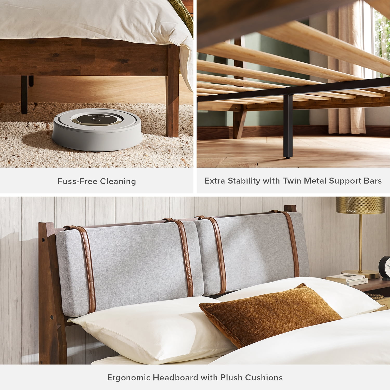 mopio Ted Bed Frame with Removable Upholstered Headboard, Mid Century Modern Acacia Solid Wood Platform Bed Frame, Walnut (Queen Upholstered Bed)
