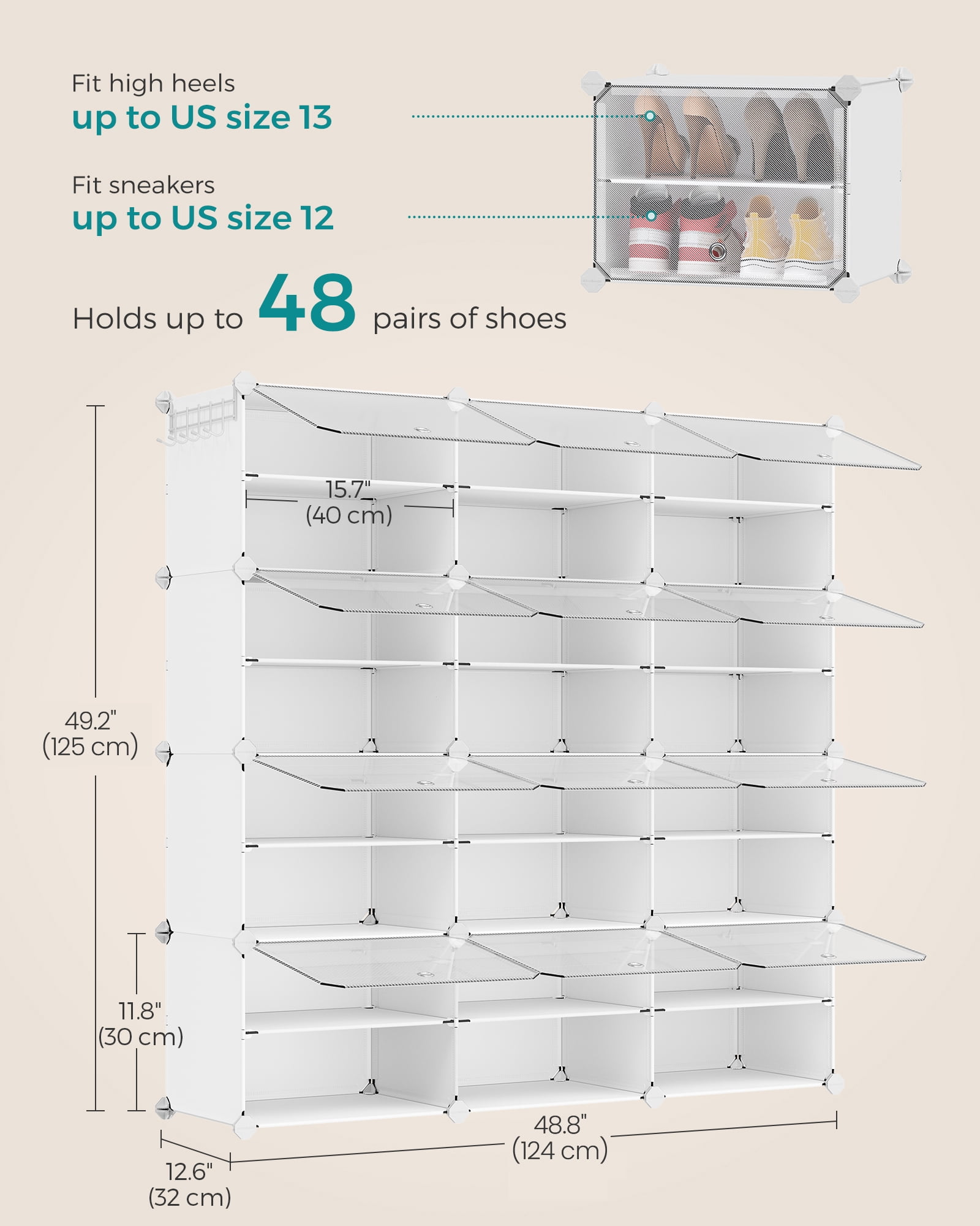SONGMICS Shoe Rack Organizer, 12-Tier Shoe Storage Cabinet for Closet and Entryway, Holds 48 Pairs of Shoes, Adjustable, Cloud White and Trasparent