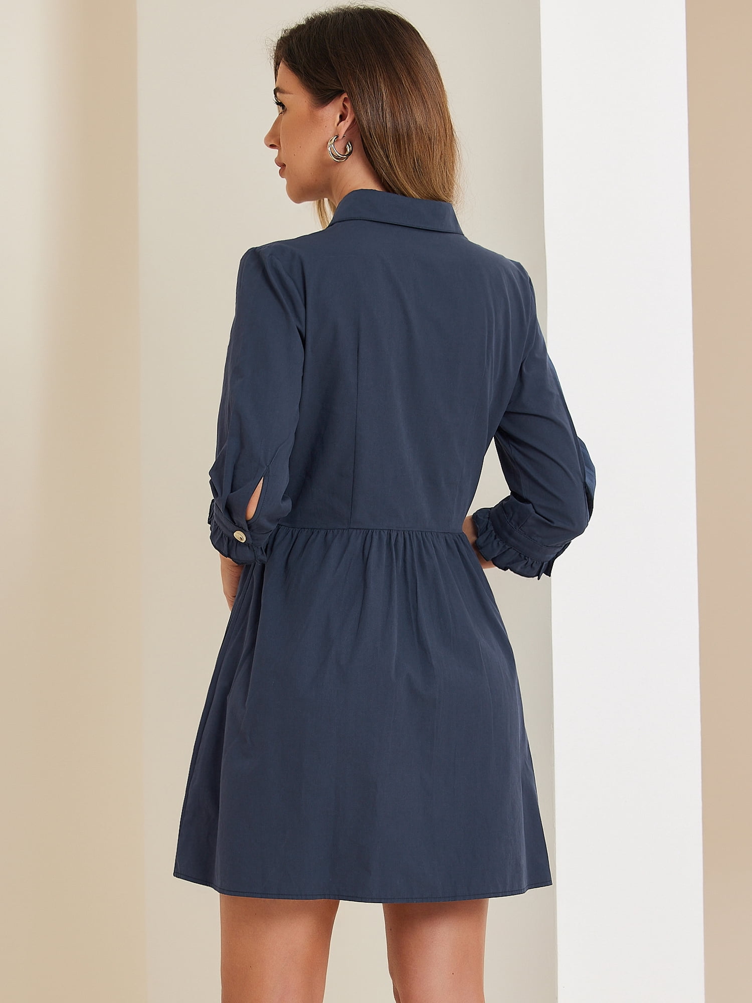 DARING DIVA Elegant Collar Flare 3/4 Sleeve Button Mini Shirt Dress M Navy Blue