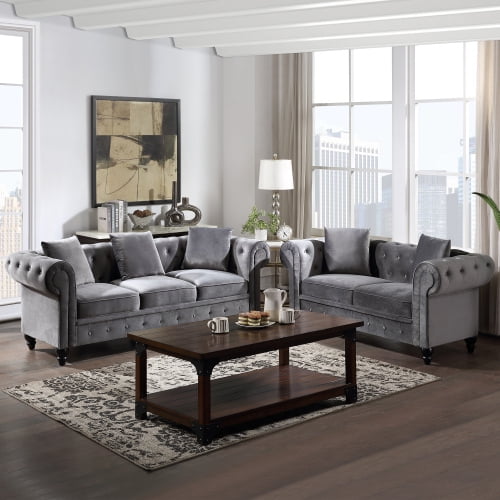 2 Pieces Tufted Velvet Upholstered Loveseat 3 Seat Sofa Roll Arm Nbsp Classic Chesterfield Sofa Set 5 Pillows Included Walmart Com Walmart Com