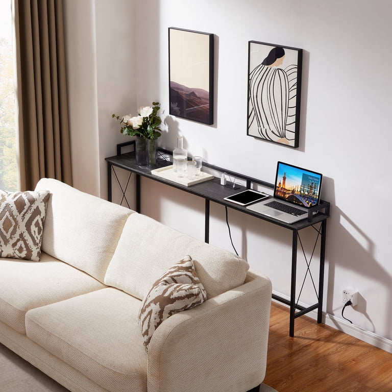 VECELO 70.9 Inch Narrow Console Table With 2 Outlets & 2 USB Ports - Grey, 2-Tier Shelf