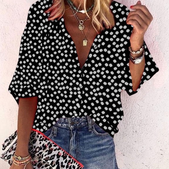 Lilgiuy Women Fashion V Neck Floral Printed 3/4 Sleeve Shirt Loose Blouse Top