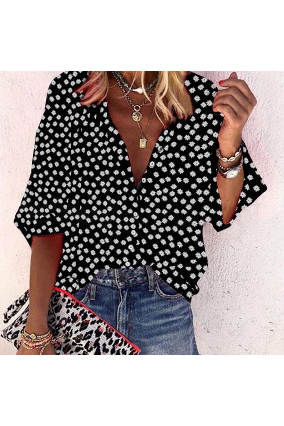 Lilgiuy Women Fashion V Neck Floral Printed 3/4 Sleeve Shirt Loose Blouse Top