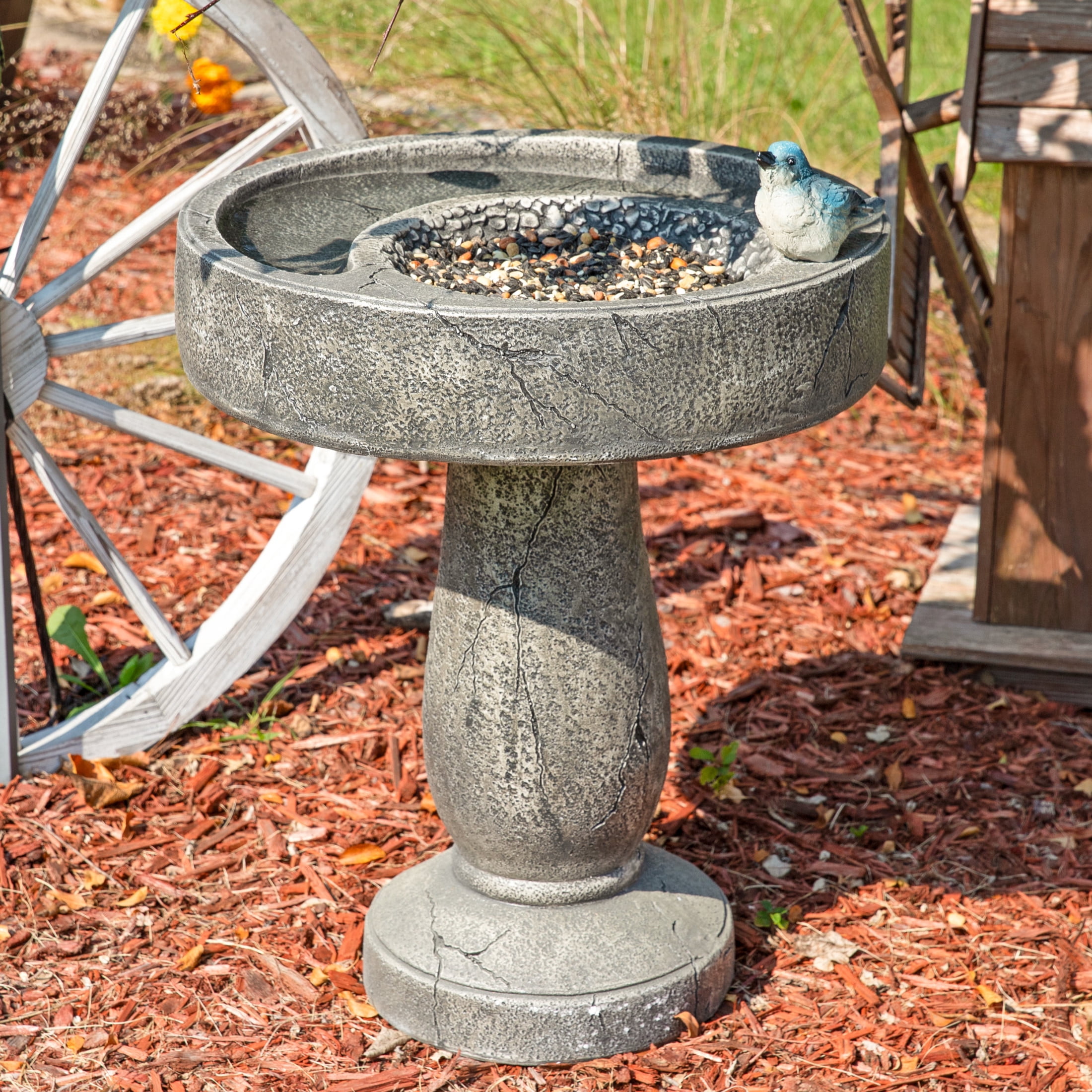 Sunnydaze Traditional Freestanding Polyresin Outdoor Bird Bath with Feeder Compartment
