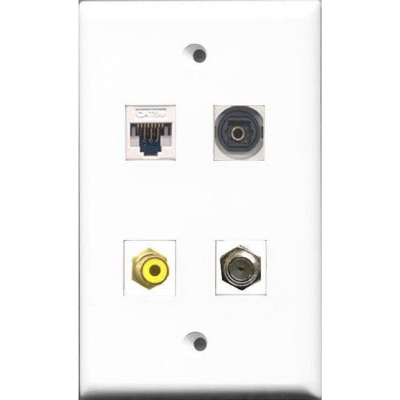 RiteAV 1 Port RCA Yellow and 1 Port Coax Cable TV- F-Type and 1 Port Toslink and 1 Port Cat5e Ethernet White Wall Plate