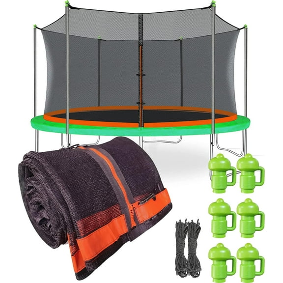 Net Replacement with 6 PoleCaps, 12-15 ft Round Safety Trampoline Net, UV-Resistant, Weather-Resistant, Breathable, Durable (Not Include Poles)