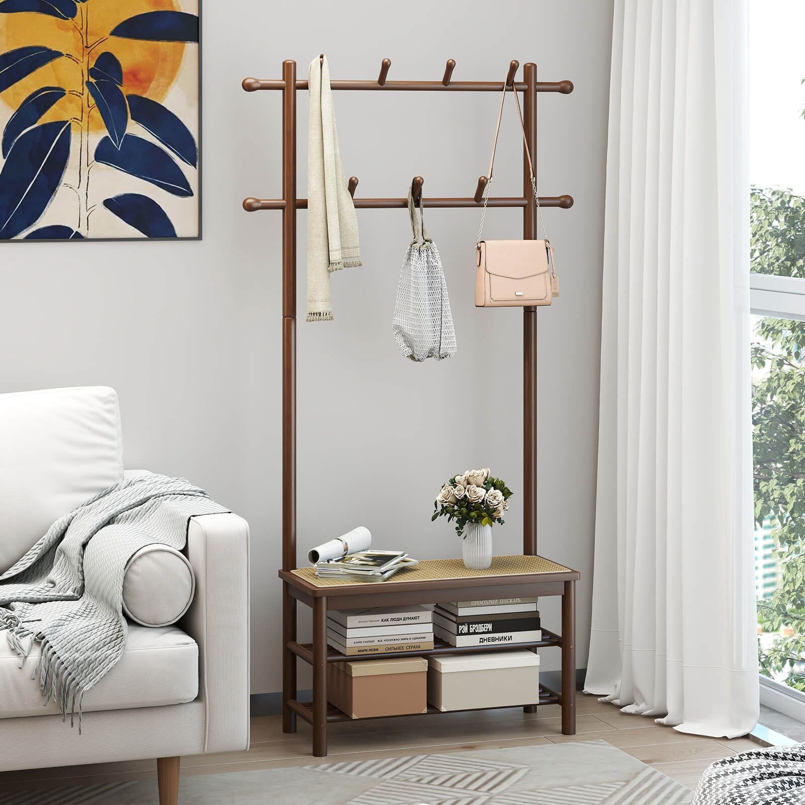 Costway Bamboo Coat Rack with Bench Shoe Storage 2 Hanging Rods 11 Hanging Hooks Shelves Brown