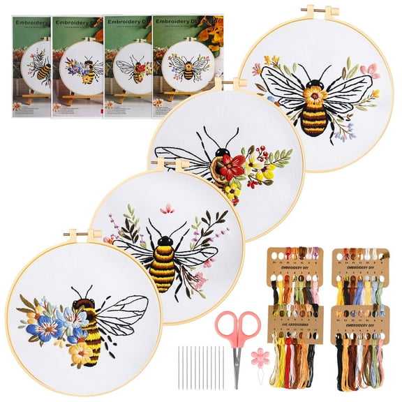 4pcs Bee Flower Pattern Embroidery Kit, EEEkit Cross Stitch Practice Set with Hoops