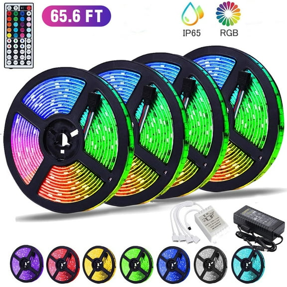 RGB Led Strip Lights 65.6ft Led Lights Strip with 44 Keys Remote Control Color Changing Strip Lights Kit SMD3528 600 LED Waterproof Strip Lights DIY TV Bedroom