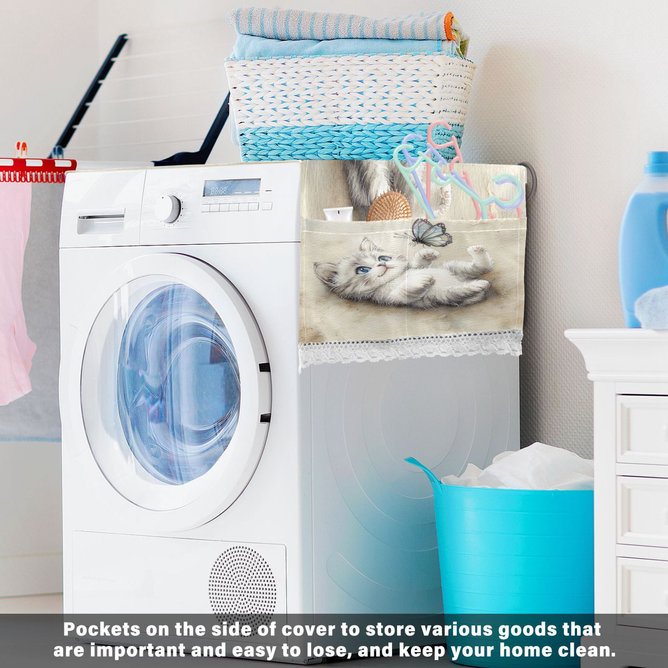 WOBOGO Cat Plays with Butterfly Washing Machine Cloth Dryer Refrigerator Top Cover Protective Non-Slip Mat For Kitchen Laundry