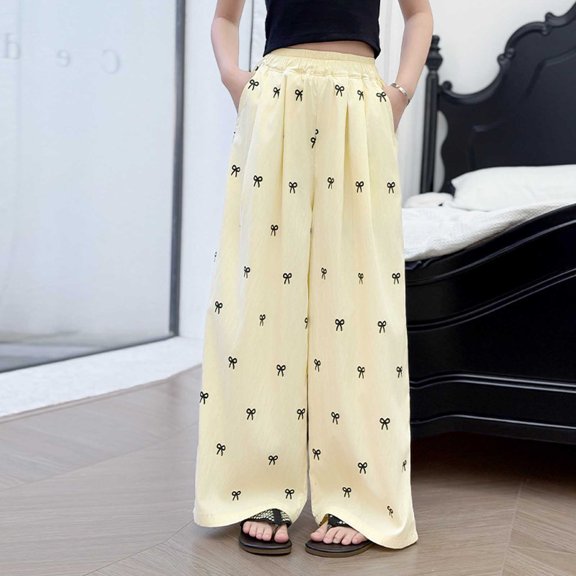 Girls Cute Bow Print Wide Leg Pants, Elastic Waist Loose Casual Trousers with Pockets Yellow 14-15Y