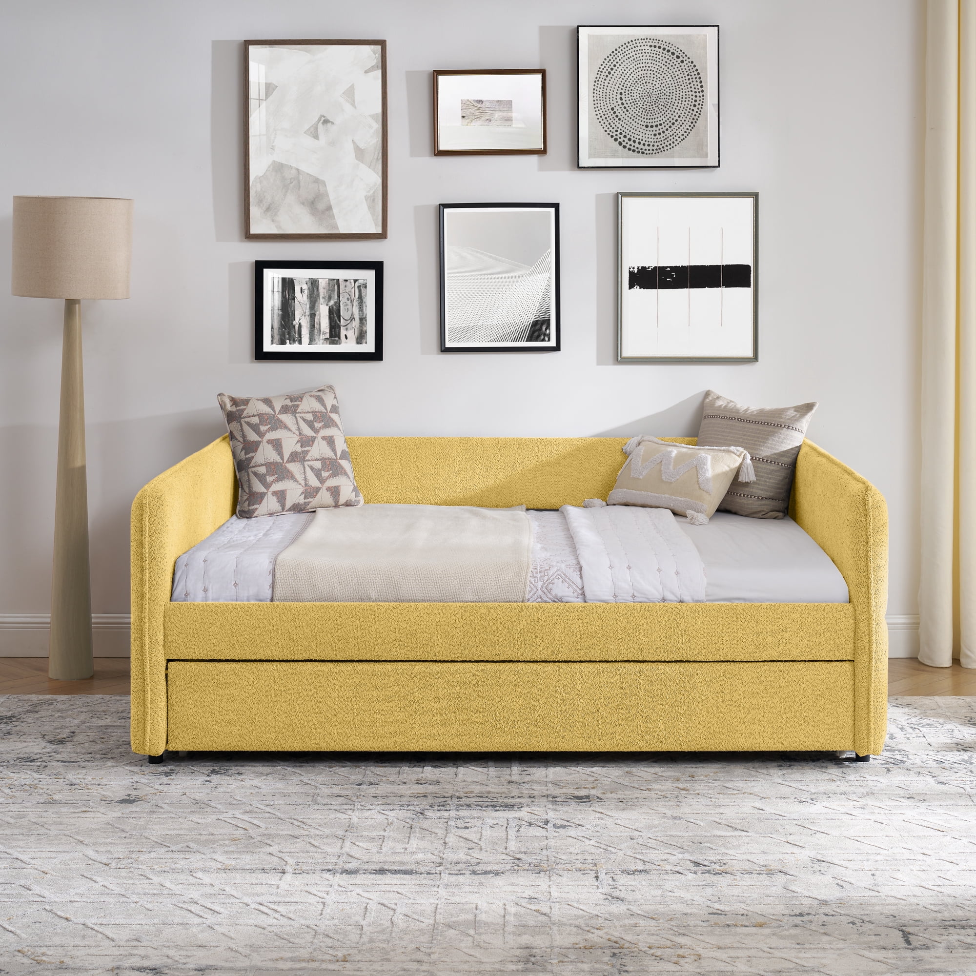 Mintazer Full Upholstered Daybed with Trundle, Boucle Fabric Sofa Bed for Living Room & Bedroom, Yellow