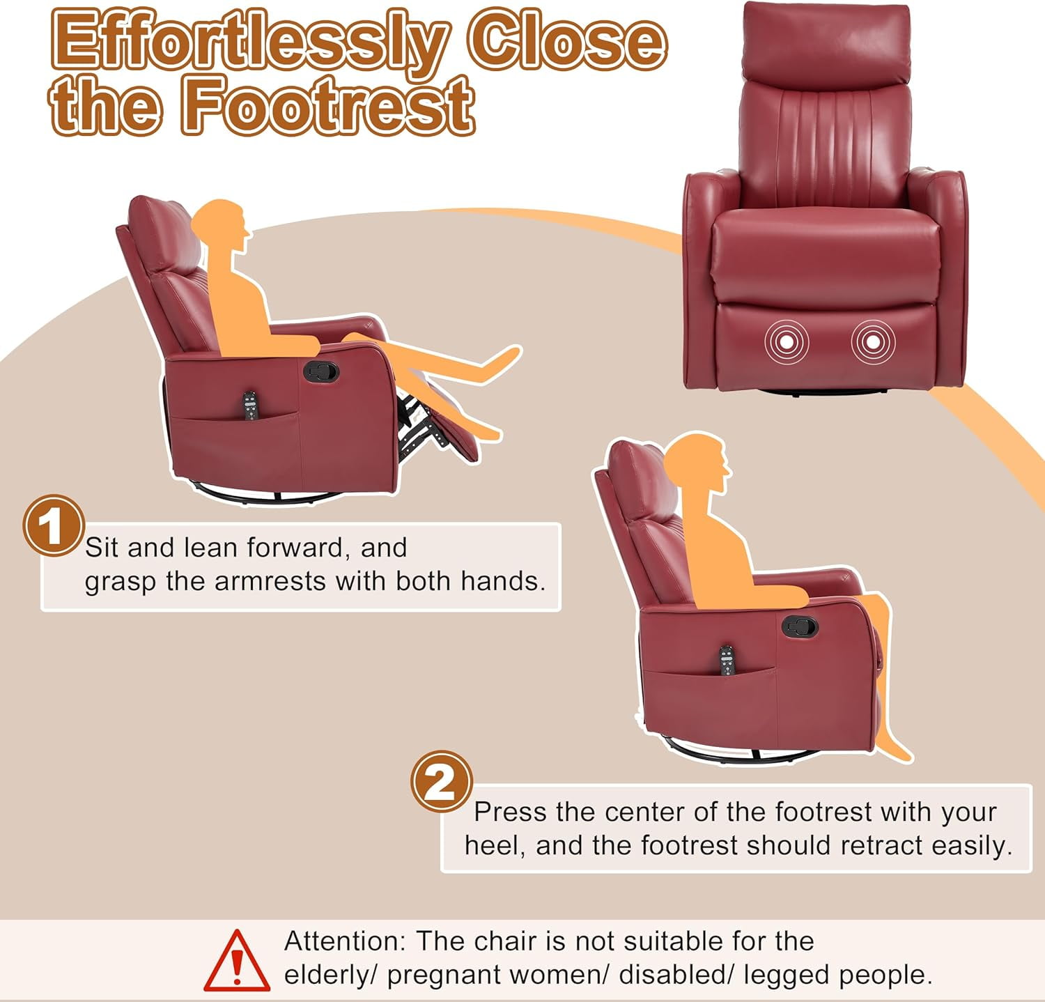 AENKYO Swivel Recliner Chair, Manual Rocking Massage Chair with Heat for Adults, for Living Room,Red Faux Leather