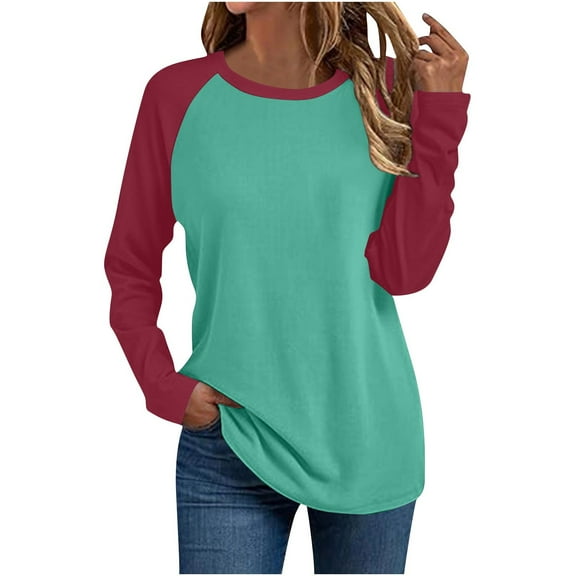 Njagoc3 Women's Raglan Sleeve Long Sleeve Relaxed Fit Color-Block Top ,Mint Green,L