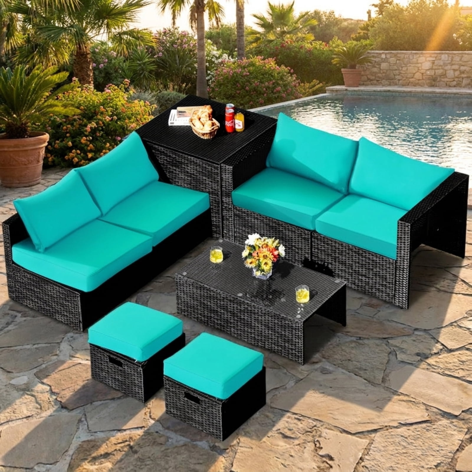 Furnibear 8 Pieces Patio Rattan Furniture Set Outdoor Wicker Conversation Sofa Set with Storage Table Tempered Glass Top and Cushions for Backyard, Turquoise