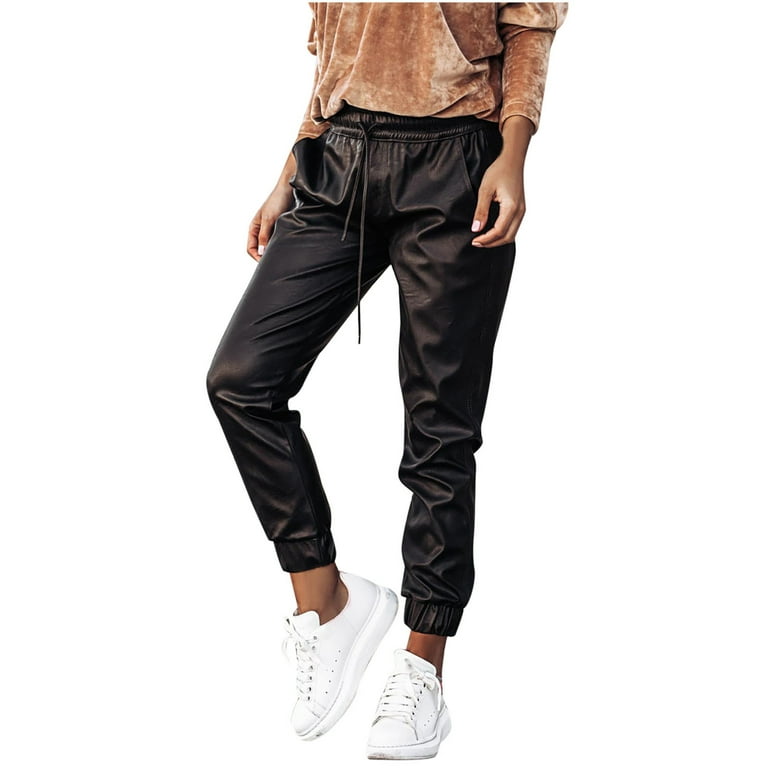 Hfyihgf Women s Faux Leather Pants High Waist Elastic Stretchy Drawstring Jogger Trousers with Pockets Clubwear Clothes Black XL Walmart