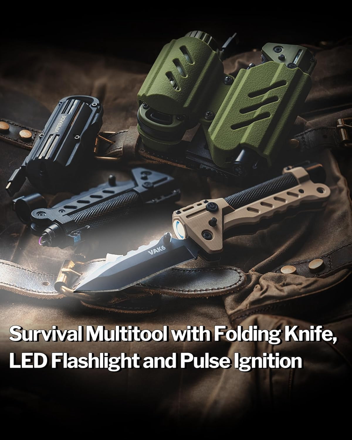 VIPERADE VAK6 Multitool with Folding Knife, LED Flashlight, Pulse Ignition and Hand Crank Generator, Pocket Knife for men, Rechargeable Flashlight with Belt Sheath (Green)