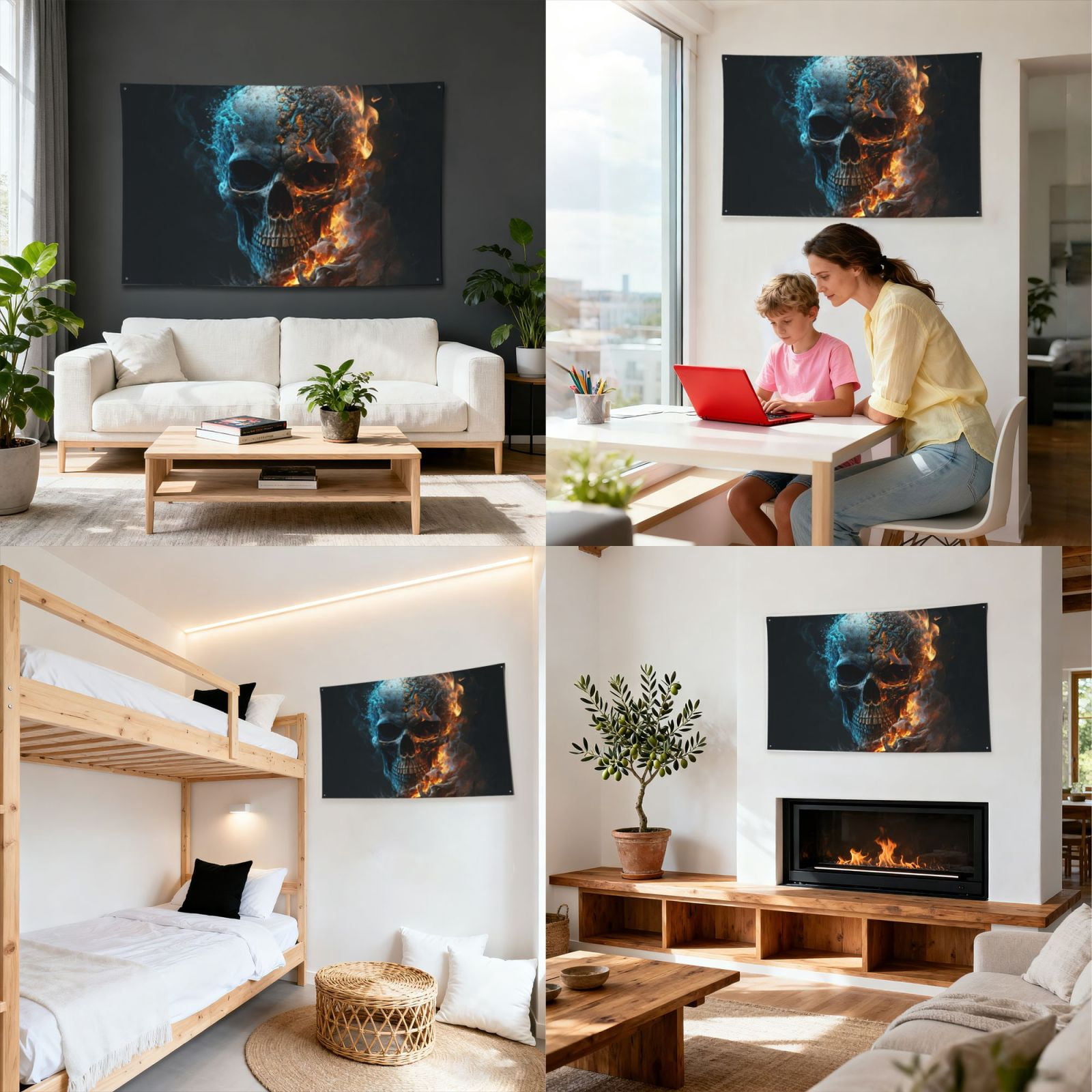 Burning Skull Head Death Fire Flaming Four Hole Decorated Banner Flag for Garden Yard Home Decoration Indoor Outdoor 4x6 Ft
