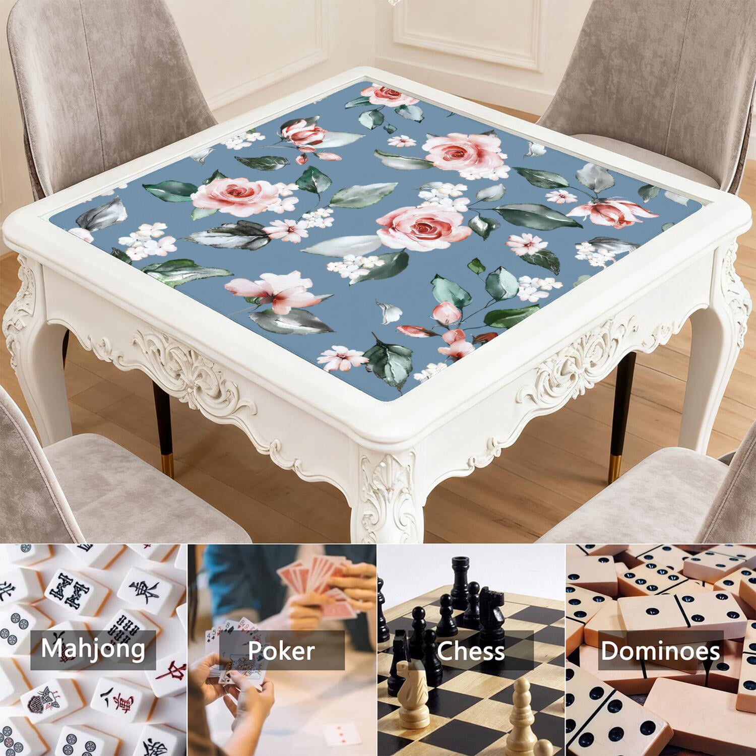 Floral Style Mahjong Mat 31.5x31.5 Inches Rubber Material Provides Quiet Non-Slip Surface for Tile and Card Game Play