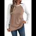 thumbnail image 1 of Tops Casuales de Punto Gofre con Cuello Redondo y Larga con Bloques de Color para Mujer Caqui M, 1 of 10