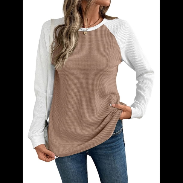 Tops Casuales de Punto Gofre con Cuello Redondo y Larga con Bloques de Color para Mujer Caqui M
